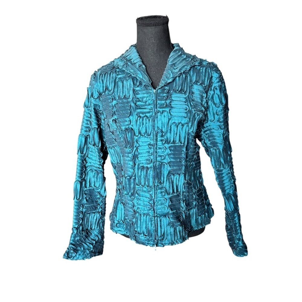 Samuel Dong Teal Textured Zip Jacket L Avant Garde Art to Wear Sculptural Q56